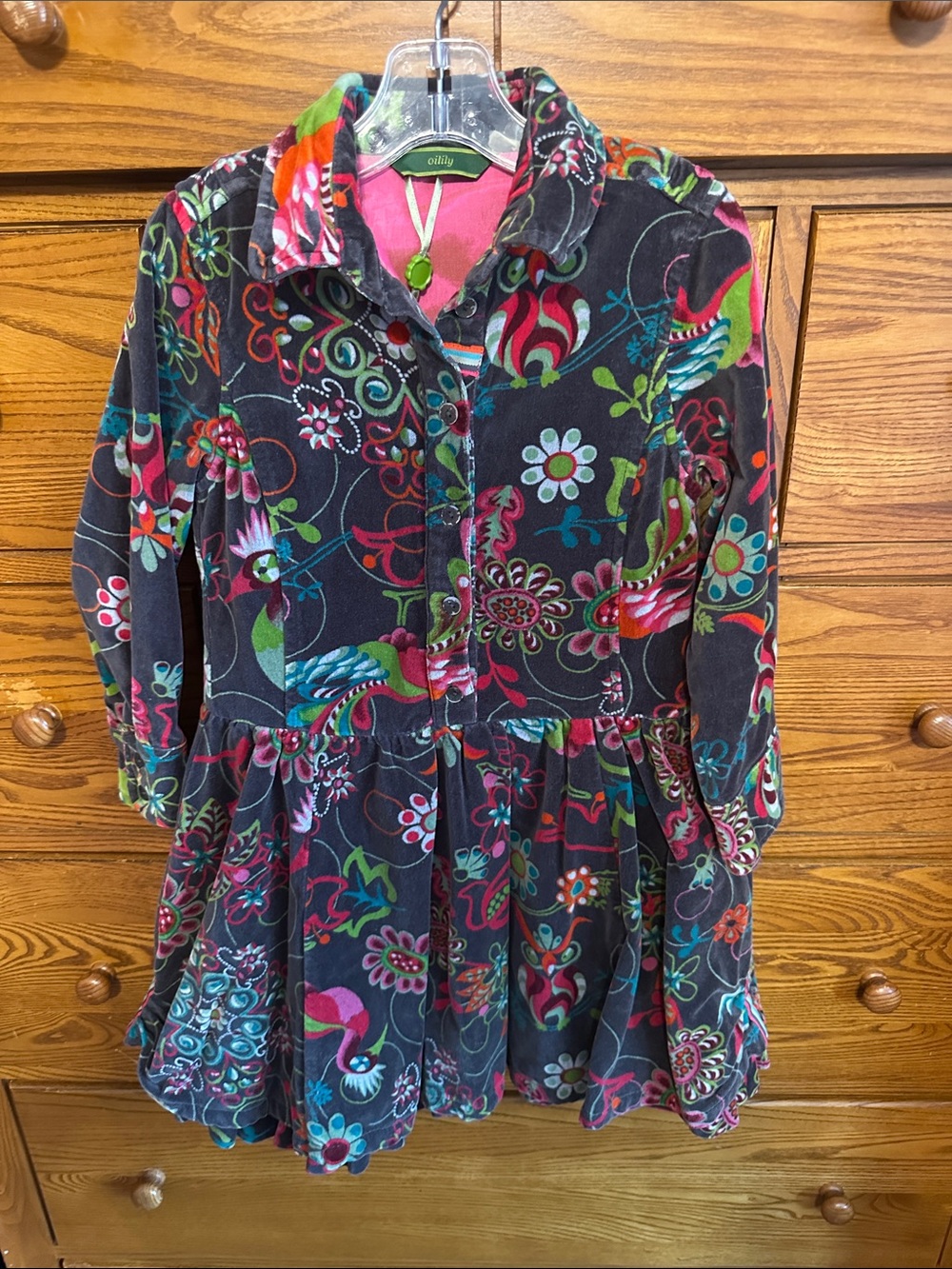 Oilily Black Corduroy Dress with Multicolor Floral Print
